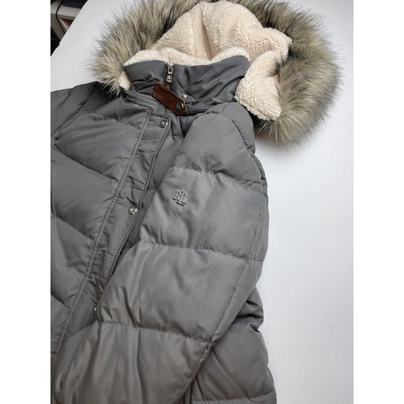 Ralph Lauren Faux-Fur-Trim Women's Winter Puffer Coat Light Green XL - Picture 3 of 11